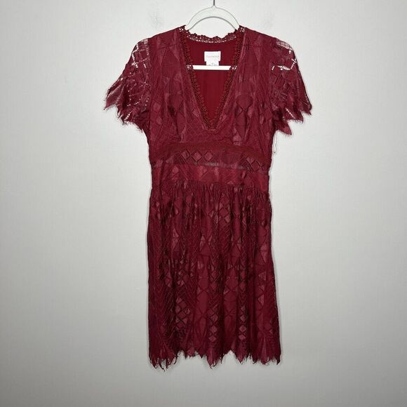 Anthropologie Foxidoe Dress Womens Medium Lace Burgundy Deep V Holiday Party - Picture 12 of 14